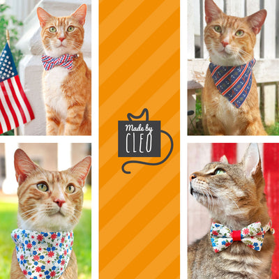Bow Tie Cat Collar Set - "Home Sweet Home" - Red & Blue Floral Cat Collar w/ Matching Bowtie / Patriotic, 4th of July / Independence Day / Cat, Kitten, Small Dog Sizes