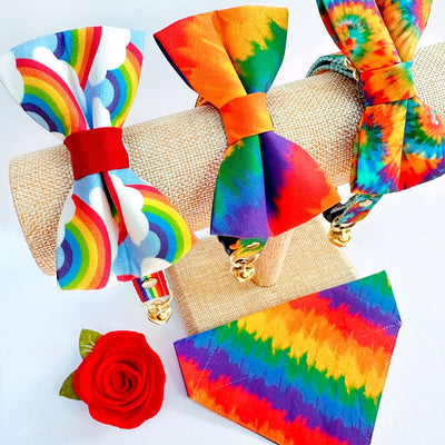 Bow Tie Cat Collar Set - "Retro Rainbow" - Rainbow Pet Collar + Coordinating "Rainbow Magic" Bowtie / Cat, Kitten, Small Dog Sizes