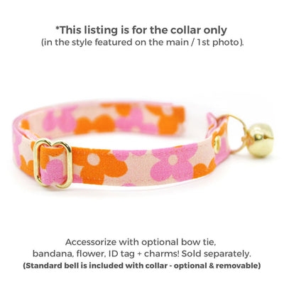 Cat Collar - "Petal Pop" - Retro Floral Pink Orange Cat Collar / Fall, Spring, Summer, Vintage 60s / Breakaway Buckle or Non-Breakaway / Cat, Kitten + Small Dog Sizes