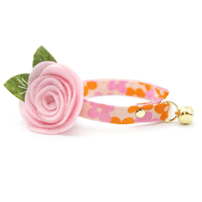 Cat Collar - "Petal Pop" - Retro Floral Pink Orange Cat Collar / Fall, Spring, Summer, Vintage 60s / Breakaway Buckle or Non-Breakaway / Cat, Kitten + Small Dog Sizes