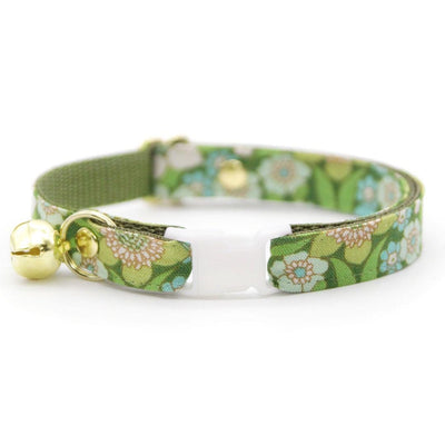 Cat Collar & Bunny Ear Bow Set - "Sage Garden" - Floral Green Cat Collar w/ Matching Bunny Bow Tie / Retro, Vintage 60s / Tie-On Scarf / Cat, Kitten + Small Dog Sizes