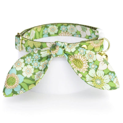 Cat Collar & Bunny Ear Bow Set - "Sage Garden" - Floral Green Cat Collar w/ Matching Bunny Bow Tie / Retro, Vintage 60s / Tie-On Scarf / Cat, Kitten + Small Dog Sizes
