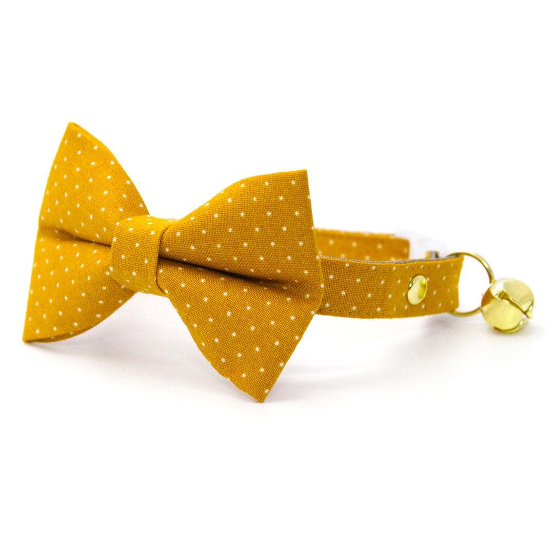 Bow Tie Cat Collar Set - "Toffee" - Gold Caramel Polka Dot Cat Collar with Bow Tie / Fall, Thanksgiving, Mustard, Yellow / Cat, Kitten, Small Dog Sizes