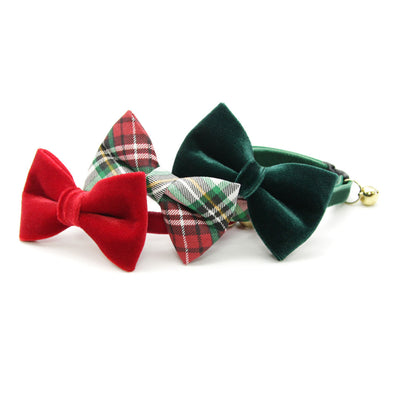 Pet Bow Tie - "Velvet - Hunter Green" - Rich Lustrous Dark Green Soft Velvet - Christmas / Holiday - Detachable Bowtie for Cats + Dogs
