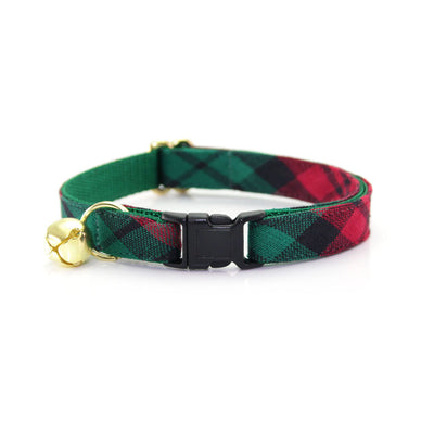 Bow Tie Cat Collar Set - "Fireside" - Red & Green Holiday Plaid Cat Collar w/ Matching Bowtie (Removable)