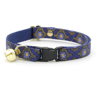 Cat Collar + Flower Set - "Santorini" - Rifle Paper Co® Metallic Gold & Blue Cat Collar w/ Ivory Felt Flower (Detachable)