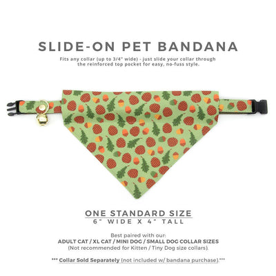 Pet Bandana - "Woodland - Moss" - Pine Cones, Leaves & Acorns Forest Green Bandana for Cat + Small Dog / Slide-on Bandana / Over-the-Collar (One Size)