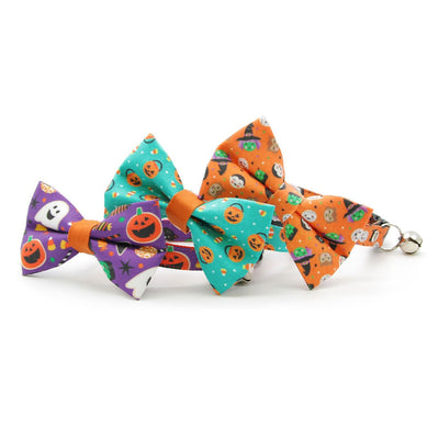 Pet Bow Tie - "Monster Party" - Halloween Orange Cat Bow / Witch, Frankenstein, Mummy / For Cats + Small Dogs (One Size)