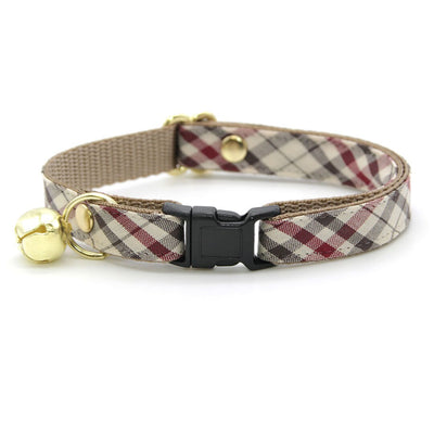 Bow Tie Cat Collar Set - "Newberry" - Beige Tan Plaid Cat Collar w/ Matching Bowtie / Cat, Kitten, Small Dog Sizes