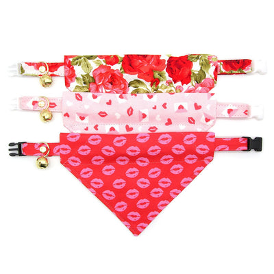 Pet Bandana - "Pucker Up" - Valentine's Day Bandana for Cat + Small Dog / Pink & Red Lipstick Kisses / Slide-on Bandana / Over-the-Collar (One Size)