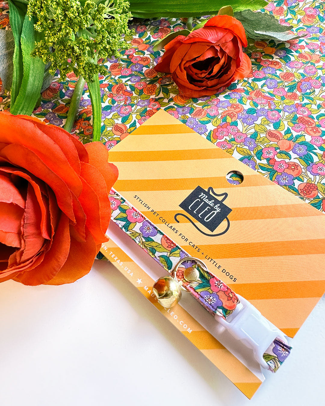 Cat Collar - "Ambrosia" - Liberty of London® Floral Cat Collar / Pink, Purple, Green & Orange / Breakaway Buckle or Non-Breakaway / Cat, Kitten + Small Dog Sizes