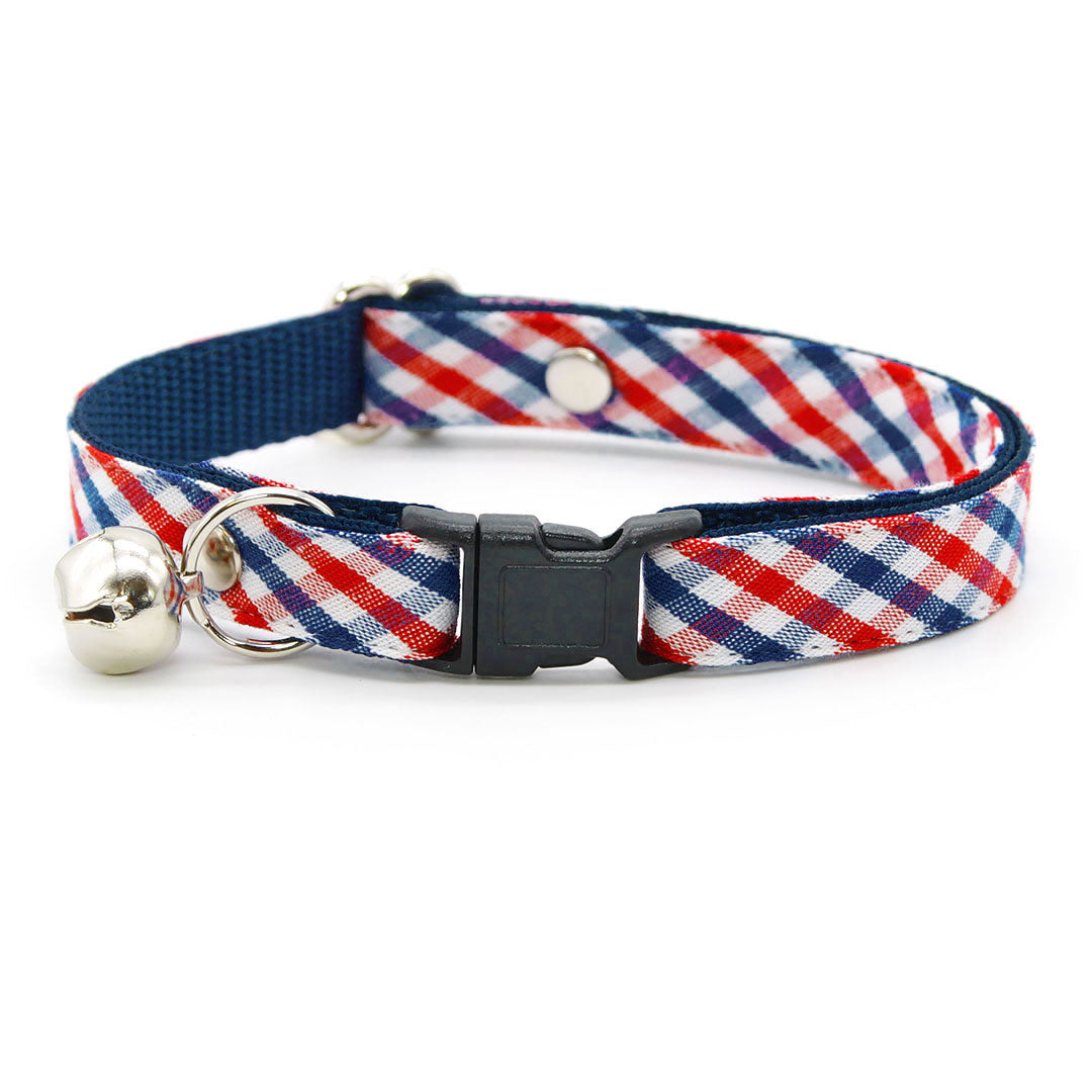 Bow Tie Cat Collar Set - "Heritage" - Gingham Red White & Blue Plaid Cat Collar w/ Matching Bowtie / Patriotic, 4th of July / Independence Day / Cat, Kitten, Small Dog Sizes