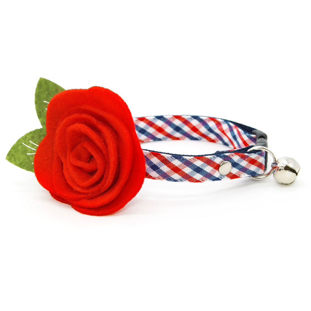 Cat Collar - "Heritage" - Gingham Red White & Blue Plaid Cat Collar / Patriotic, Independence Day, 4th of July / Breakaway Buckle or Non-Breakaway / Cat, Kitten + Small Dog Sizes