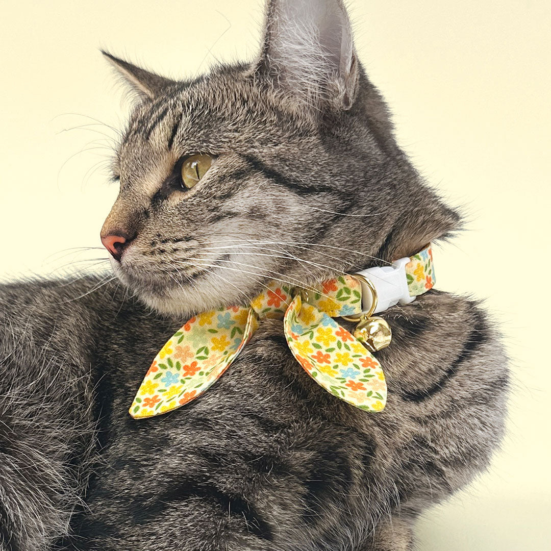 Cat Collar + Flower Set - "Aurora" - Yellow Floral Cat Collar w/ Yellow Felt Flower (Detachable)