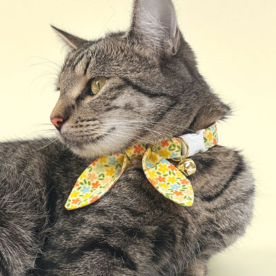 Cat Collar + Flower Set - "Aurora" - Yellow Floral Cat Collar w/ Yellow Felt Flower (Detachable)