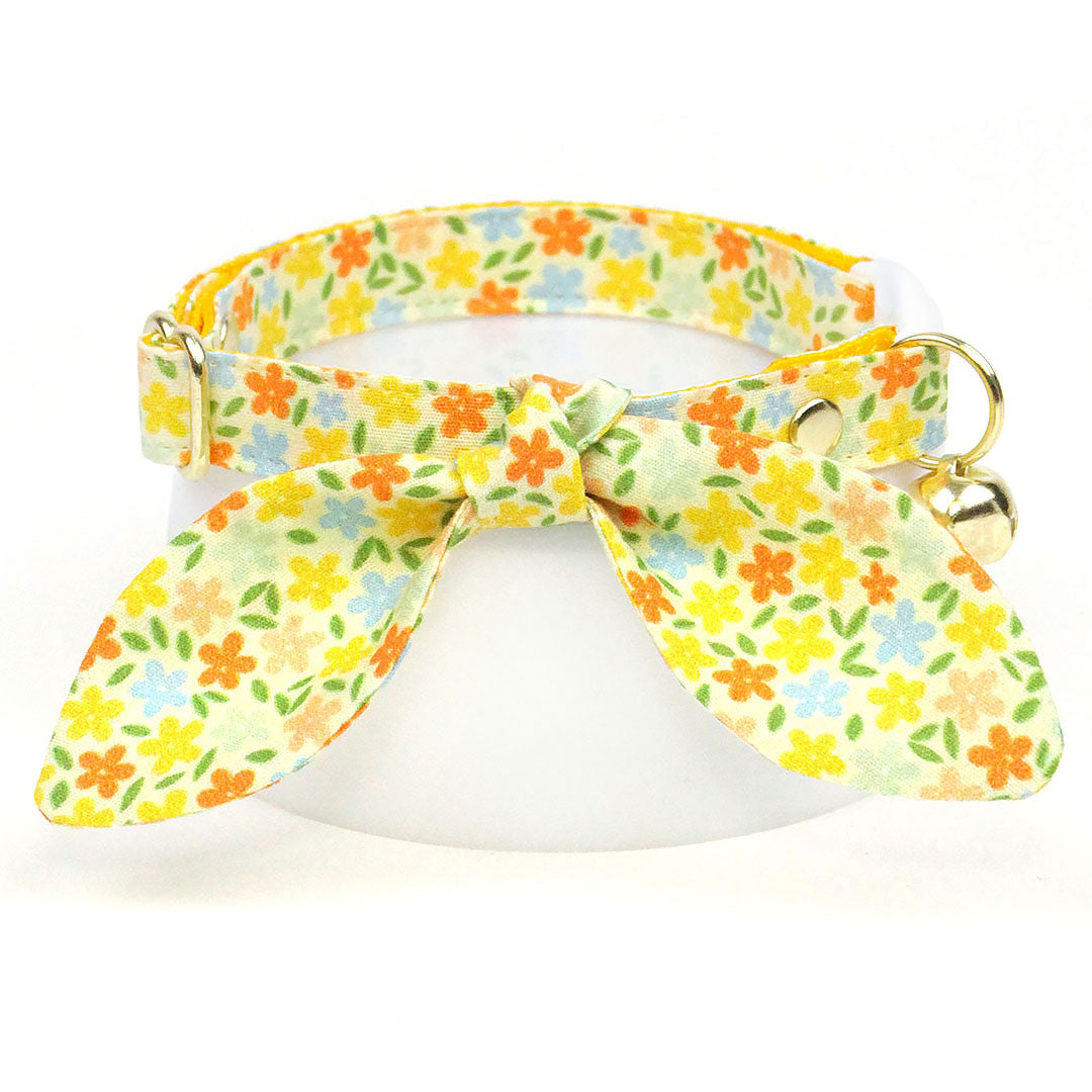 Cat Collar & Bunny Ear Bow Set - "Aurora" - Yellow Floral Cat Collar with Matching Bunny Bow Tie / Spring, Summer, Fall / Cat, Kitten + Small Dog Sizes