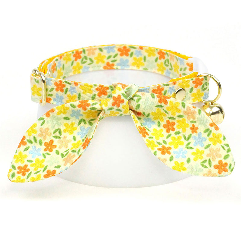 Cat Collar & Bunny Ear Bow Set - "Aurora" - Yellow Floral Cat Collar with Matching Bunny Bow Tie / Spring, Summer, Fall / Cat, Kitten + Small Dog Sizes