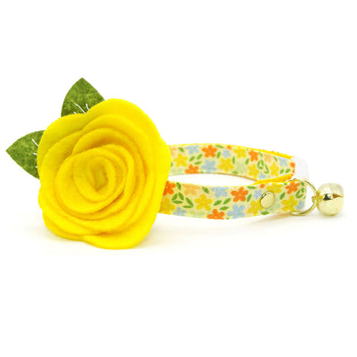 Cat Collar + Flower Set - "Aurora" - Yellow Floral Cat Collar w/ Yellow Felt Flower (Detachable)