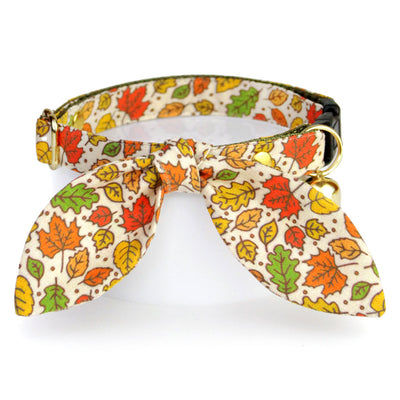 Cat Collar & Bunny Ear Bow Set - "Autumn Aura" - Rustic Maple Leaf Fall Cat Collar w/ Matching Bunny Bow Tie / Thanksgiving / Tie-On Scarf / Cat, Kitten + Small Dog Sizes