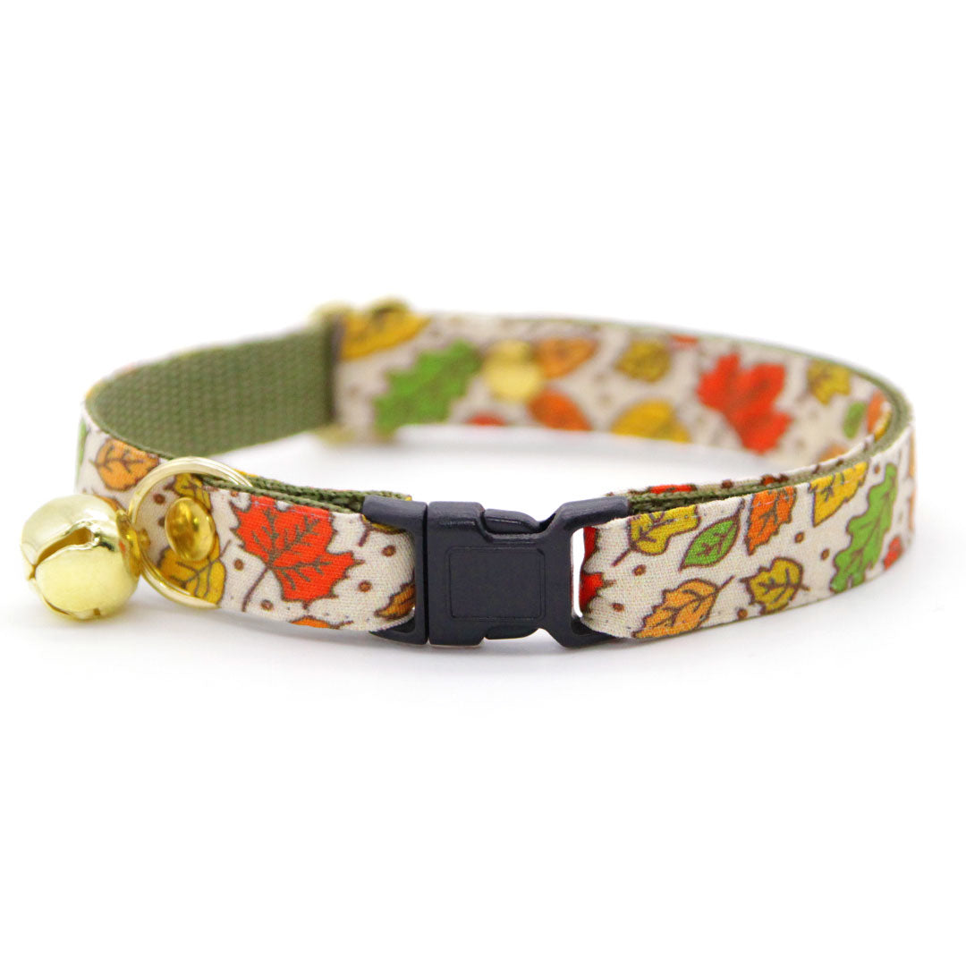 Cat Collar + Flower Set - "Autumn Aura" - Fall Leaves Cat Collar w/ Red Felt Flower (Detachable) / Cat, Kitten + Small Dog Sizes