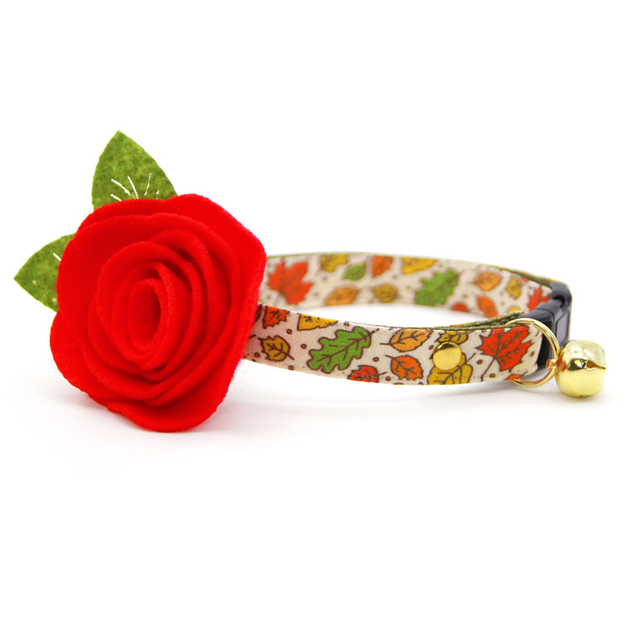 Cat Collar + Flower Set - "Autumn Aura" - Fall Leaves Cat Collar w/ Red Felt Flower (Detachable) / Cat, Kitten + Small Dog Sizes
