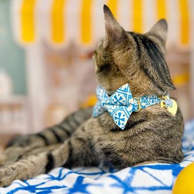 Blue Bow Tie Cat Collar Set - "Azulejos" - Mediterranean Cat Collar with Bow Tie / Summer, Spanish, Greek / Cat, Kitten, Small Dog Sizes