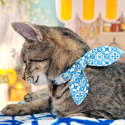 Cat Collar + Bunny Ear Bow Set - "Azulejos" - Mediterranean Blue Cat Collar w/ Matching Bunny Bow Tie / Tie-On Scarf / Cat, Kitten + Small Dog Sizes