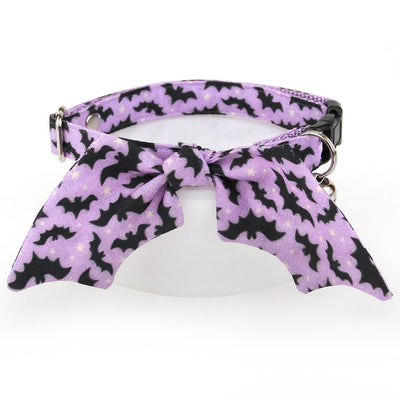 Cat Collar & Bunny Ear Bow Set - "Batty Babe - Purple" - Bat Wing Lilac Purple Halloween Bat Cat Collar w/ Matching Bunny Bow Tie / Tie-On Scarf / Cat, Kitten + Small Dog Sizes