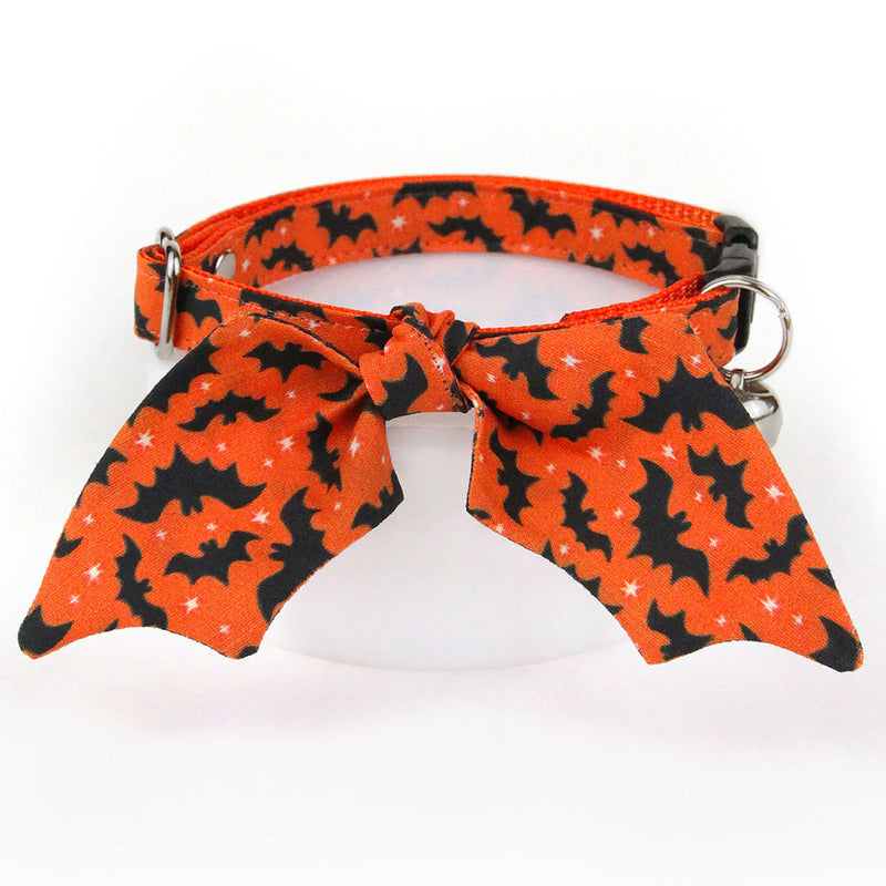 Cat Collar & Bunny Ear Bow Set - "Batty Babe - Orange" - Bat Wing Orange Halloween Bat Cat Collar w/ Matching Bunny Bow Tie / Tie-On Scarf / Cat, Kitten + Small Dog Sizes