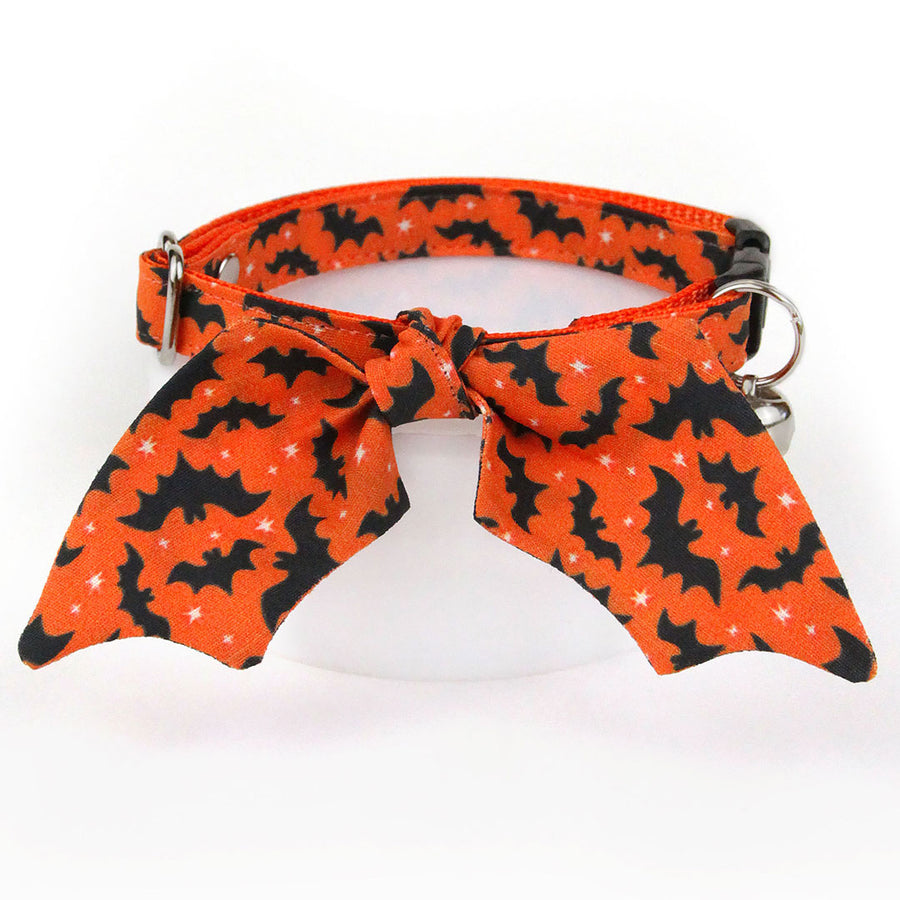 Cat Collar & Bunny Ear Bow Set - "Batty Babe - Orange" - Bat Wing Orange Halloween Bat Cat Collar w/ Matching Bunny Bow Tie / Tie-On Scarf / Cat, Kitten + Small Dog Sizes