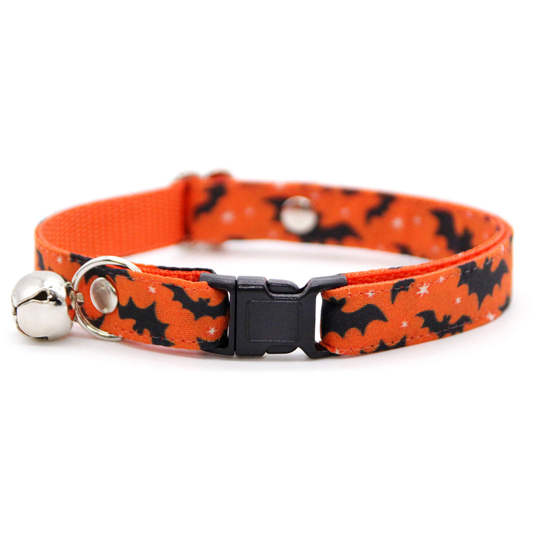 Cat Collar & Bunny Ear Bow Set - "Batty Babe - Orange" - Bat Wing Orange Halloween Bat Cat Collar w/ Matching Bunny Bow Tie / Tie-On Scarf / Cat, Kitten + Small Dog Sizes