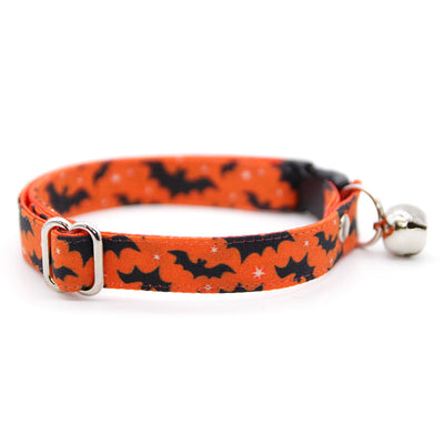 Cat Collar & Bunny Ear Bow Set - "Batty Babe - Orange" - Bat Wing Orange Halloween Bat Cat Collar w/ Matching Bunny Bow Tie / Tie-On Scarf / Cat, Kitten + Small Dog Sizes