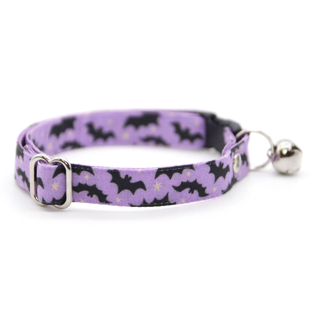 Cat Collar & Bunny Ear Bow Set - "Batty Babe - Purple" - Bat Wing Lilac Purple Halloween Bat Cat Collar w/ Matching Bunny Bow Tie / Tie-On Scarf / Cat, Kitten + Small Dog Sizes
