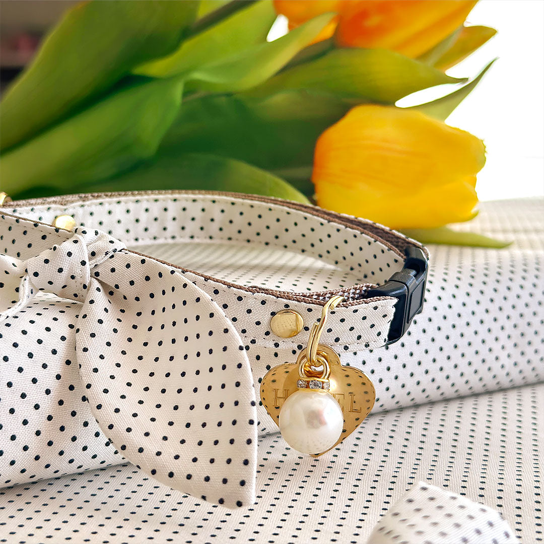Polka Dot Cat Collar - "Biscotti" - Retro Chic Black Swiss Dots on Cream Cat Collar / Elegant, Ivory, Light Beige, Classic / Breakaway Buckle or Non-Breakaway / Cat, Kitten + Small Dog Sizes