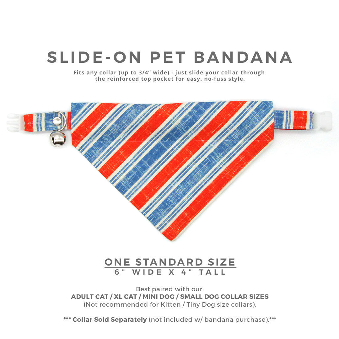 4th of July Cat Bandana - "Boardwalk" - Red White Blue Vintage Striped Bandana for Cat + Small Dog / Patriotic, USA, Independence Day, Summer / Slide-on Bandana / Over-the-Collar