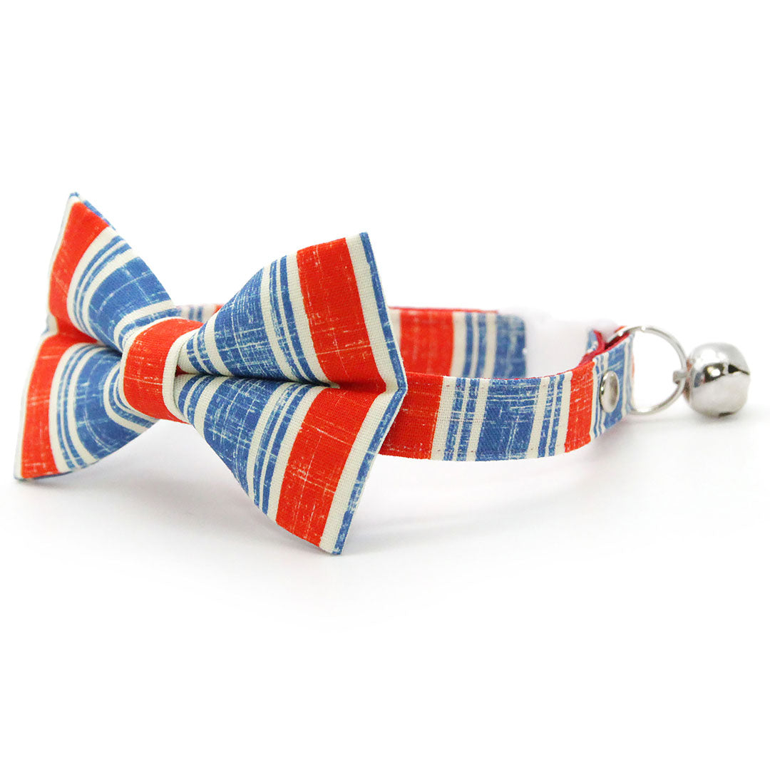 Bow Tie Cat Collar Set - "Boardwalk" - Red White Blue Vintage Stripe USA Cat Collar with Bow Tie / Summer, 4th of July, Patriotic / Cat, Kitten, Small Dog Sizes