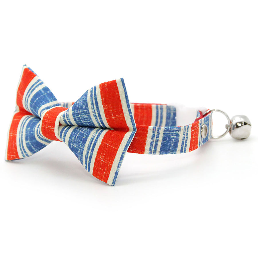 Bow Tie Cat Collar Set - "Boardwalk" - Red White Blue Vintage Stripe USA Cat Collar with Bow Tie / Summer, 4th of July, Patriotic / Cat, Kitten, Small Dog Sizes