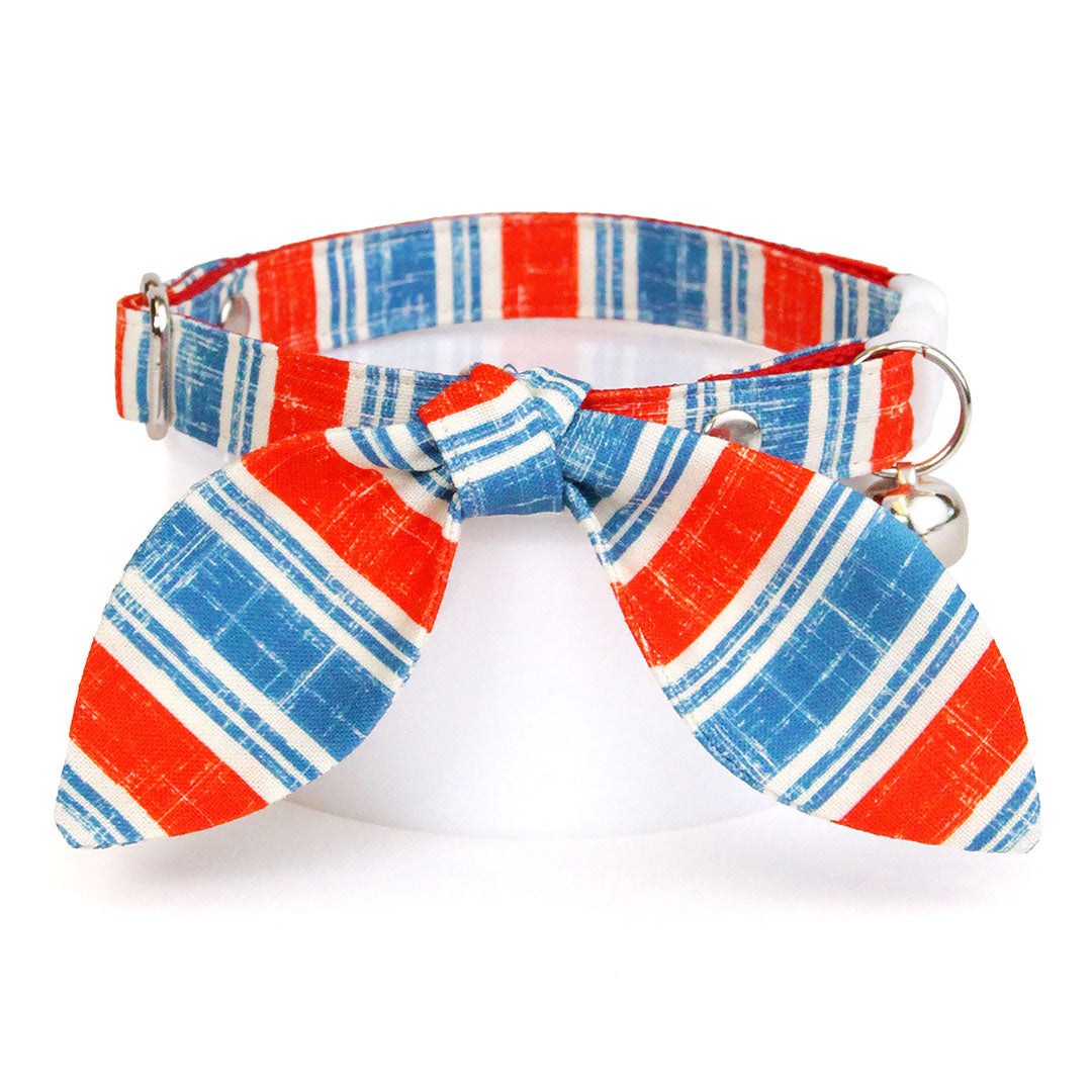Cat Collar & Bunny Ear Bow Set - "Boardwalk" - Red White Blue Vintage Stripe Cat Collar w/ Matching Bunny Bow Tie / USA, 4th of July, Summer, Patriotic / Tie-On Scarf / Cat, Kitten + Small Dog Sizes