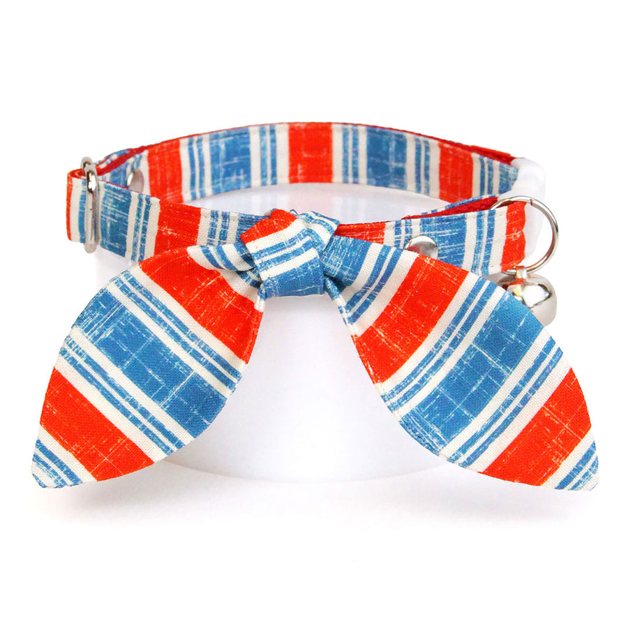 Cat Collar & Bunny Ear Bow Set - "Boardwalk" - Red White Blue Vintage Stripe Cat Collar w/ Matching Bunny Bow Tie / USA, 4th of July, Summer, Patriotic / Tie-On Scarf / Cat, Kitten + Small Dog Sizes