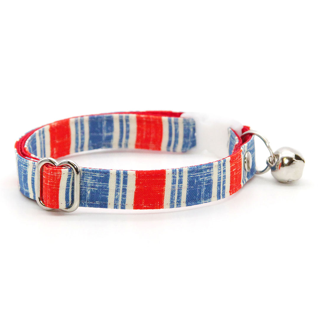 Cat Collar + Flower Set - "Boardwalk" - Red White & Blue Stripe Cat Collar w/ Red Felt Flower (Detachable) / USA, Patriotic, 4th of July / Cat, Kitten + Small Dog Sizes