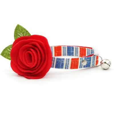 Cat Collar + Flower Set - "Boardwalk" - Red White & Blue Stripe Cat Collar w/ Red Felt Flower (Detachable) / USA, Patriotic, 4th of July / Cat, Kitten + Small Dog Sizes