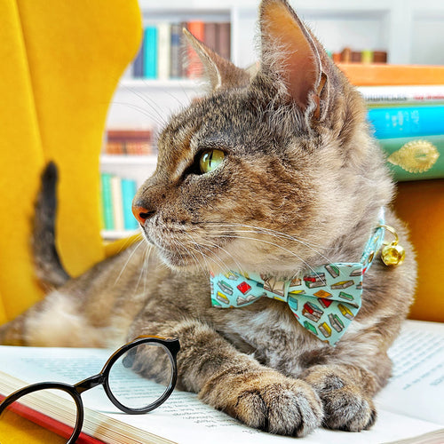 Bow Tie Cat Collar Set - "Book Lover - Blue" - Book Cat Collar with Bow Tie / Literary, School Teacher, Book Club, Reader Writer / Cat, Kitten, Small Dog Sizes