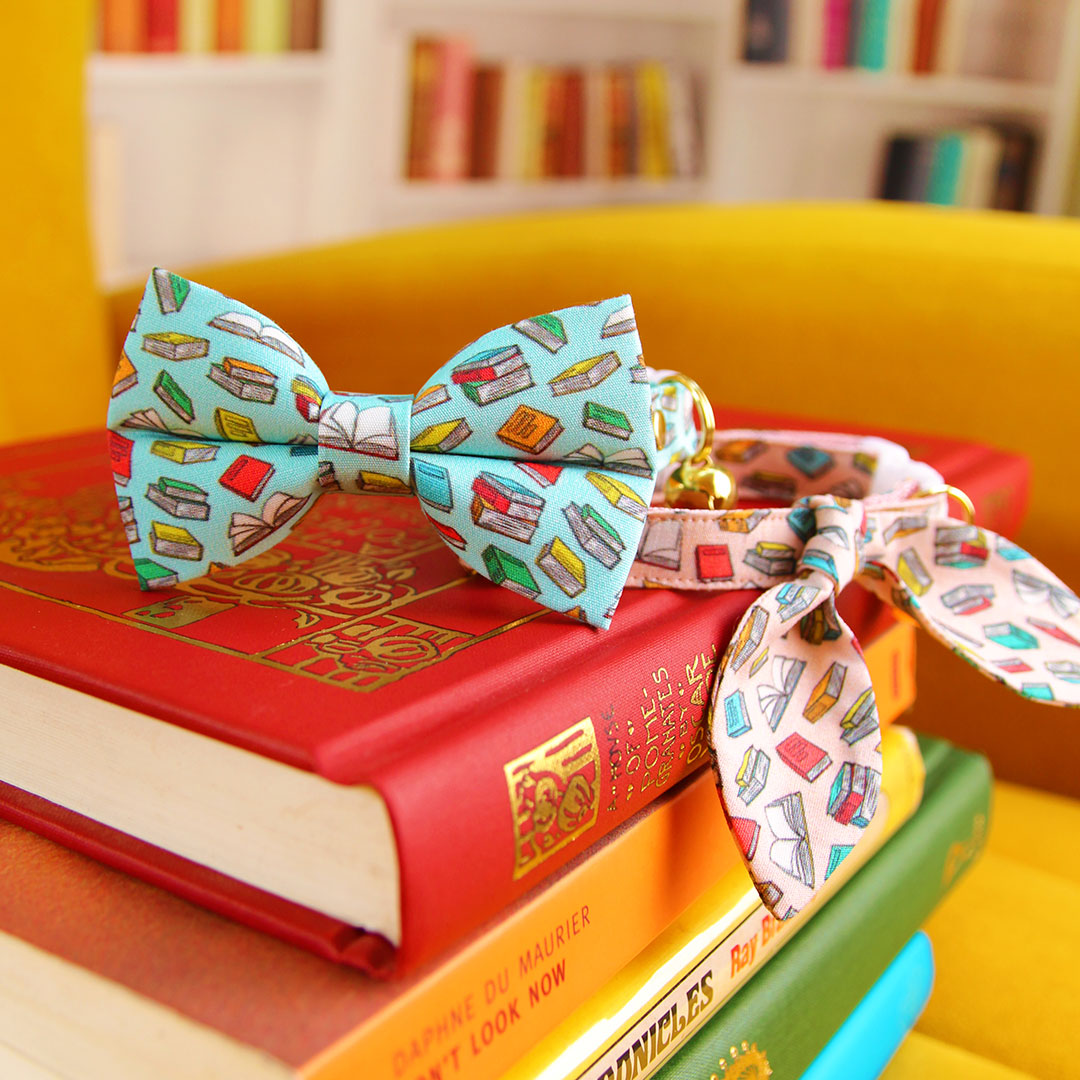 Bow Tie Cat Collar Set - "Book Lover - Blue" - Book Cat Collar with Bow Tie / Literary, School Teacher, Book Club, Reader Writer / Cat, Kitten, Small Dog Sizes