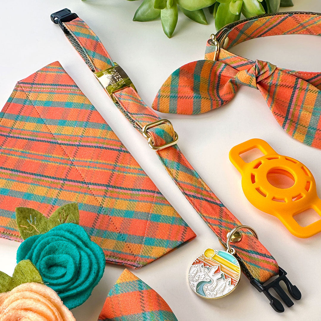 Cat Collar & Bunny Ear Bow Set - "Canyon Sunset" - Orange, Pink & Teal Plaid Cat Collar w/ Matching Bunny Bow Tie / Tie-On Scarf / Cat, Kitten + Small Dog Sizes
