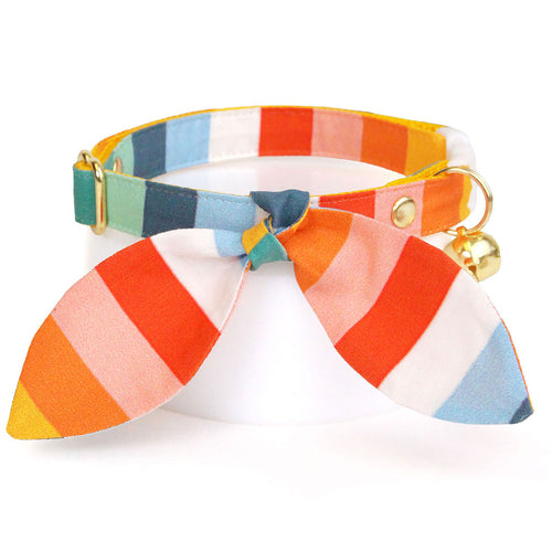 Cat Collar & Bunny Ear Bow Set - "Carousel" - Preppy Rainbow Striped Cat Collar with Matching Bunny Bow Tie / Summer, Sailing / Cat, Kitten + Small Dog Sizes