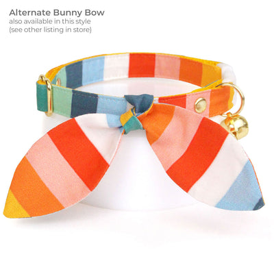 Cat Collar + Flower Set - "Carousel" - Rainbow Striped Cat Collar w/ Scarlet Red Felt Flower (Detachable) / Birthday