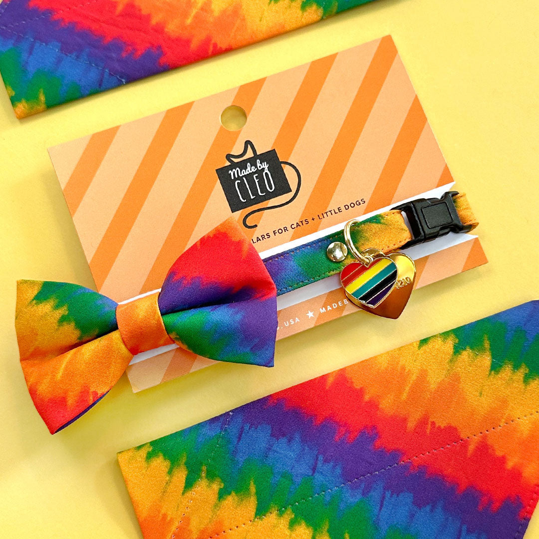 Cat Collar & Bunny Ear Bow Set - "Celebration" - Ombre Rainbow Cat Collar with Matching Bunny Bow Tie / LGBTQ Pride, Birthday / Cat, Kitten + Small Dog Sizes