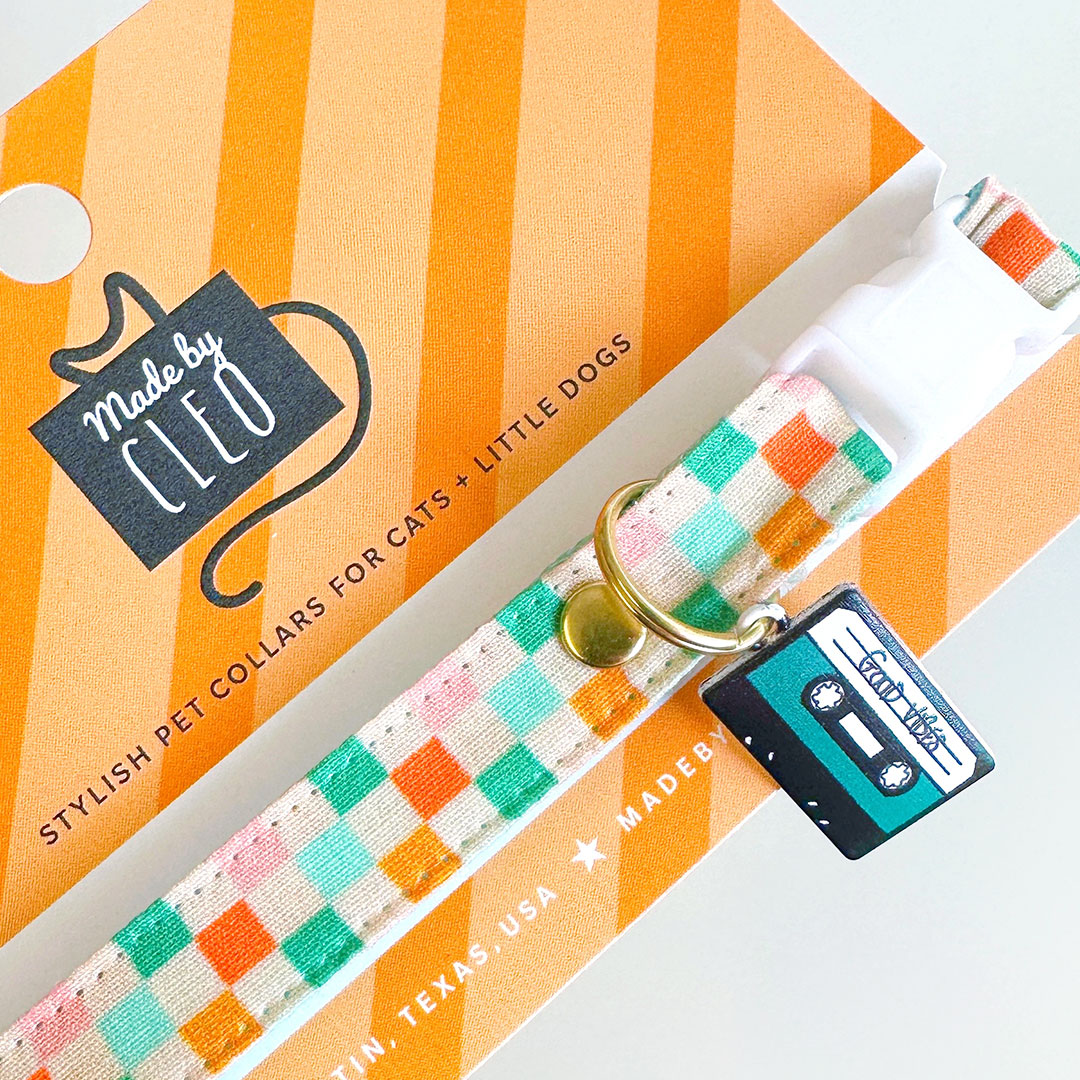 Checkered Cat Collar - "Checkmate" - Pastel Checked Cat Collar / Summer, Fall, Groovy Y2K, Fun / Breakaway Buckle or Non-Breakaway / Cat, Kitten + Small Dog Sizes