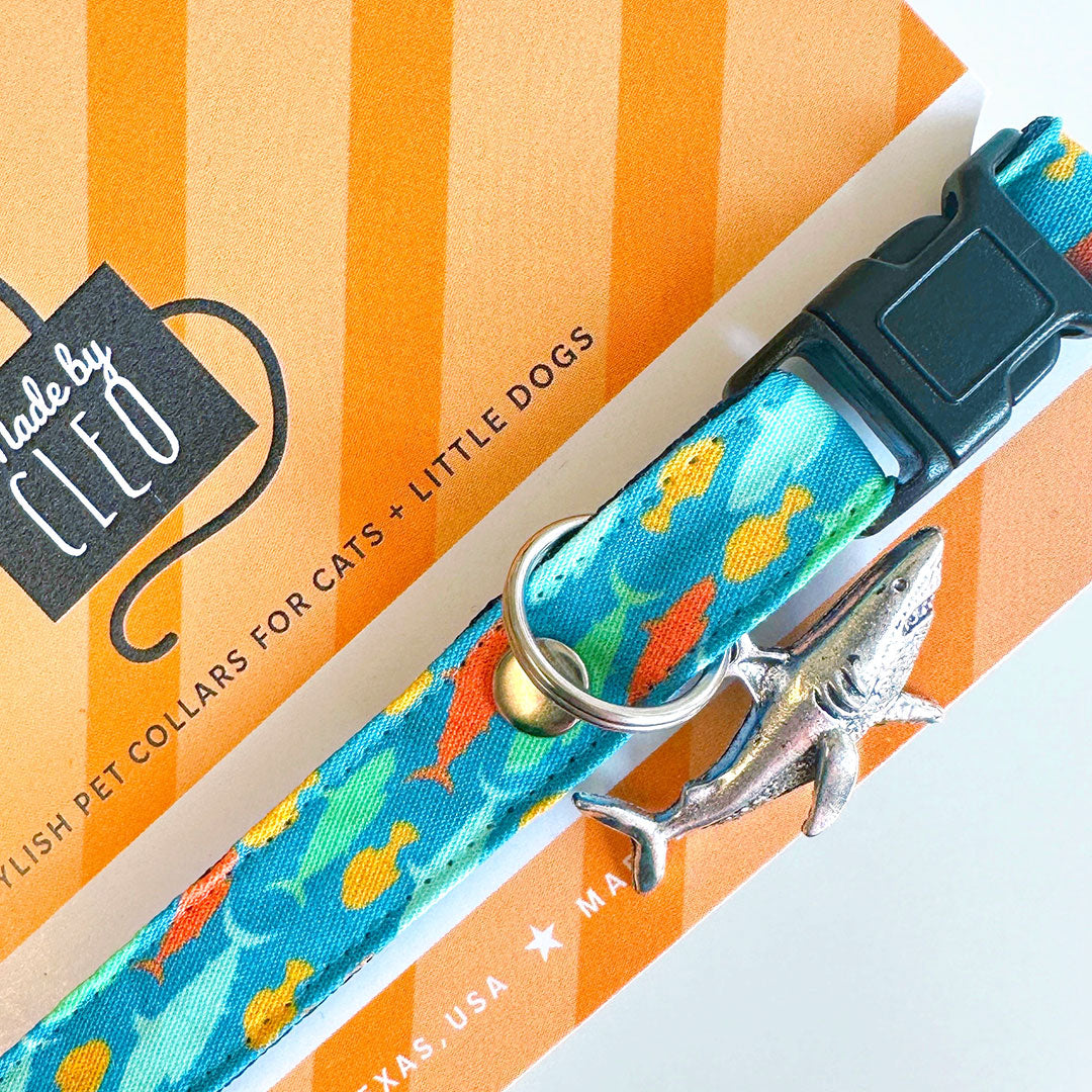 Cat Collar + Flower Set - "Fintastic" - Shark & Fish Cat Collar w/ Sky Blue Felt Flower (Detachable) / Cat, Kitten + Small Dog Sizes