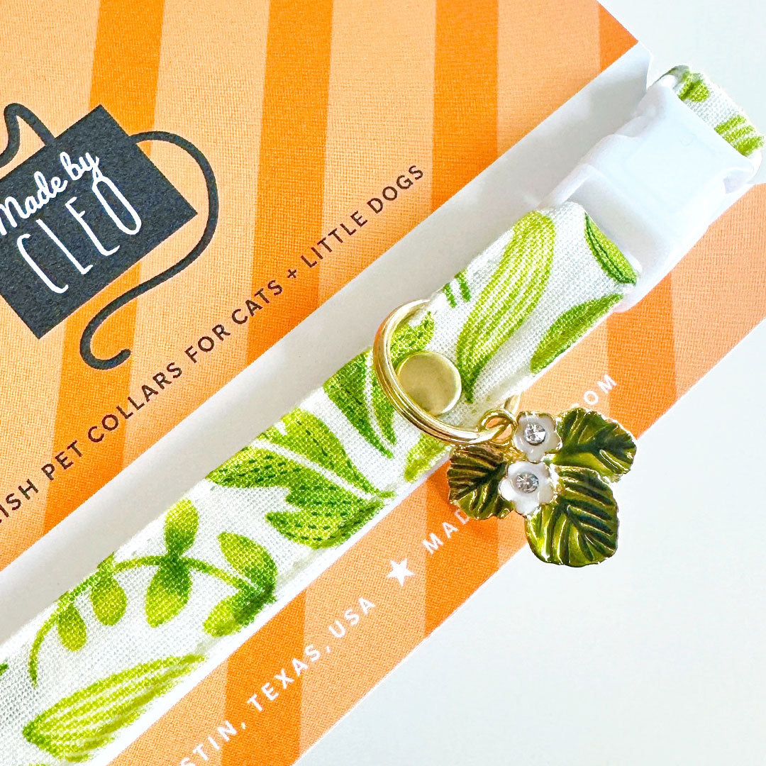 Cat Collar + Flower Set - "Herb Garden" - Botanical Cat Collar + Leaf Green Felt Flower (Detachable) / Cat, Kitten + Small Dog Sizes